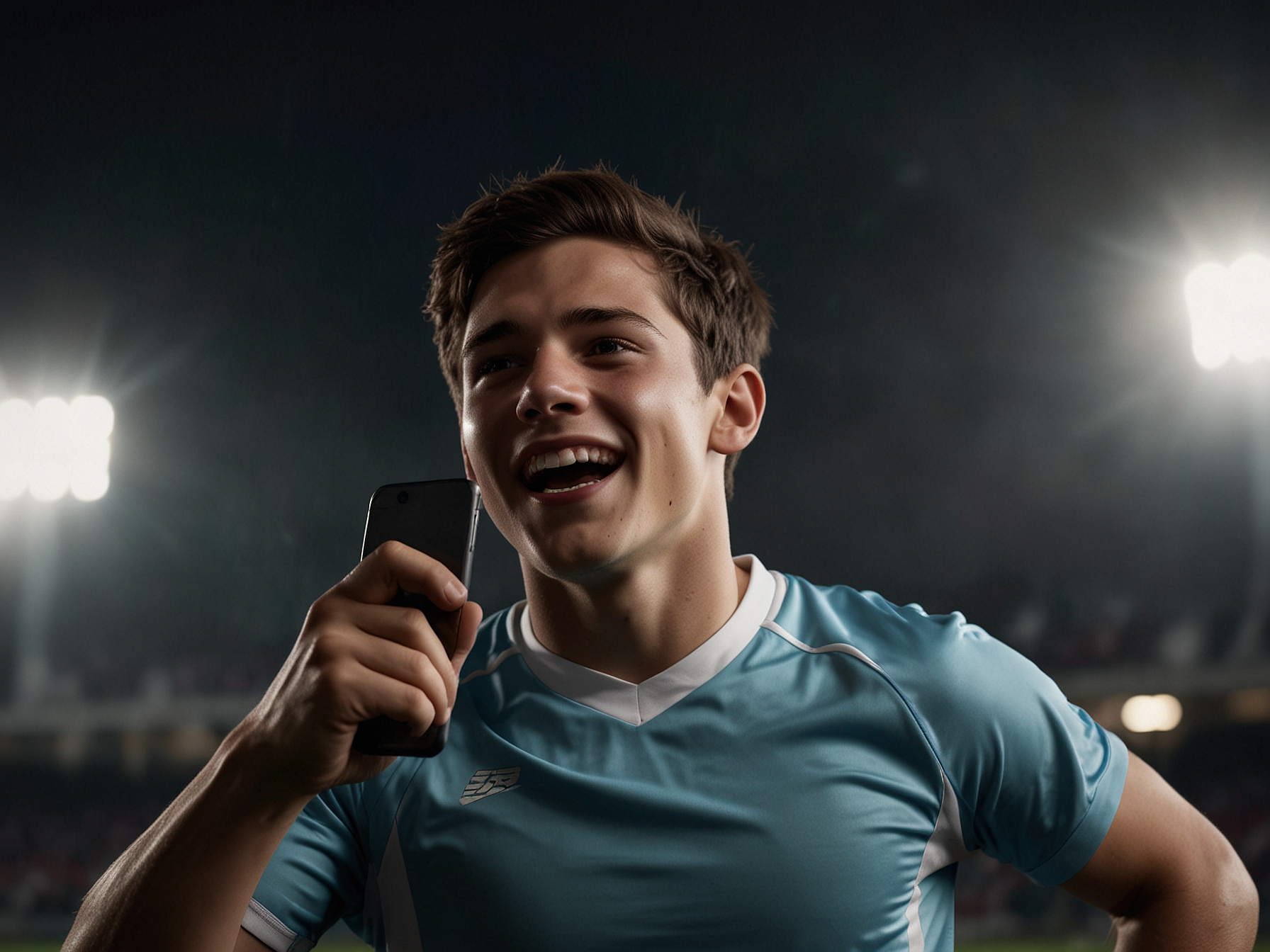 Zwycięzca świętujący wygraną trzymając telefon